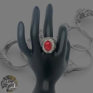 Silver Boho Ring with Red Stone - Size 10